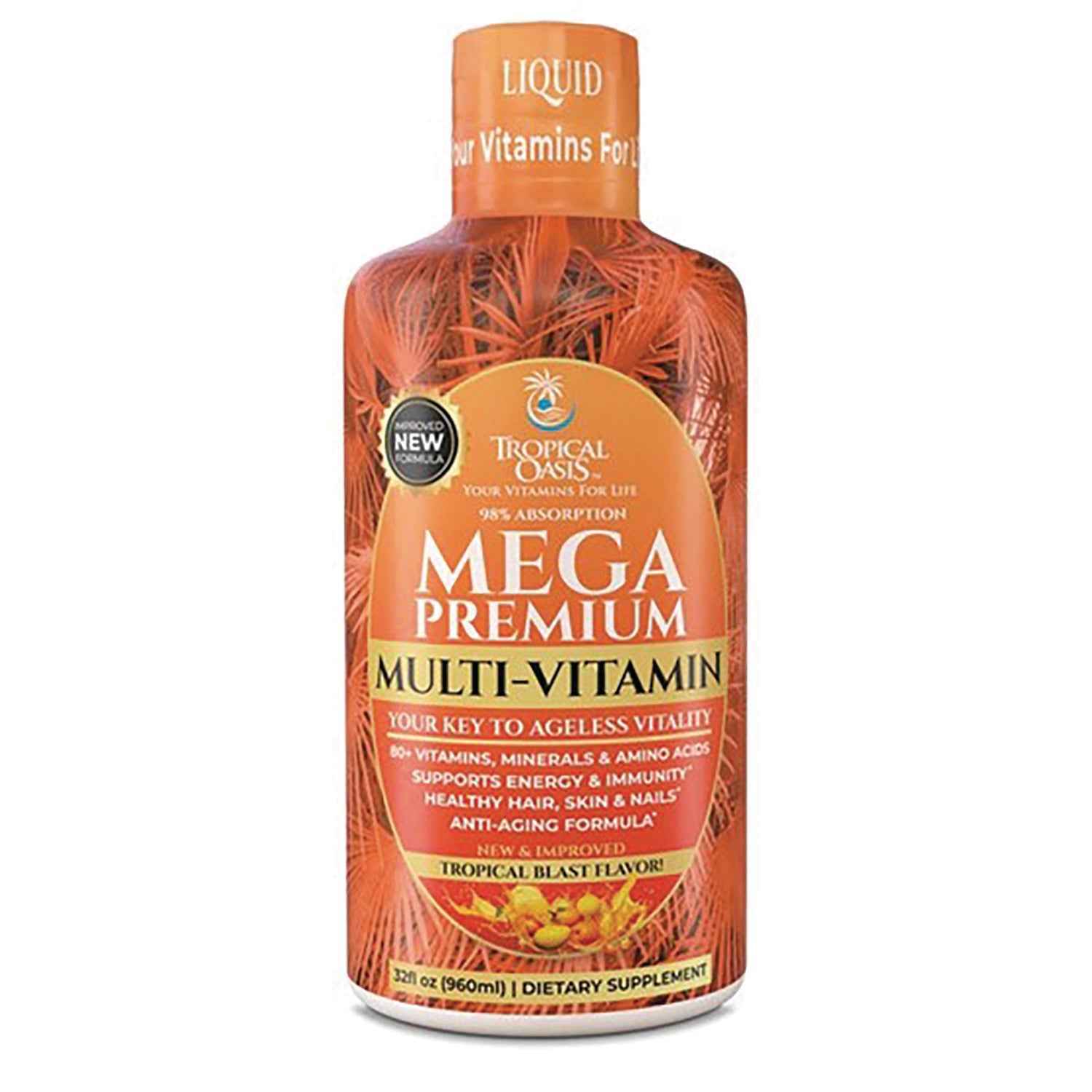 TPL001 | Tropical Oasis Mega Premium Multi-Vitamin liquid, 32 fl oz dietary supplement bottle front
