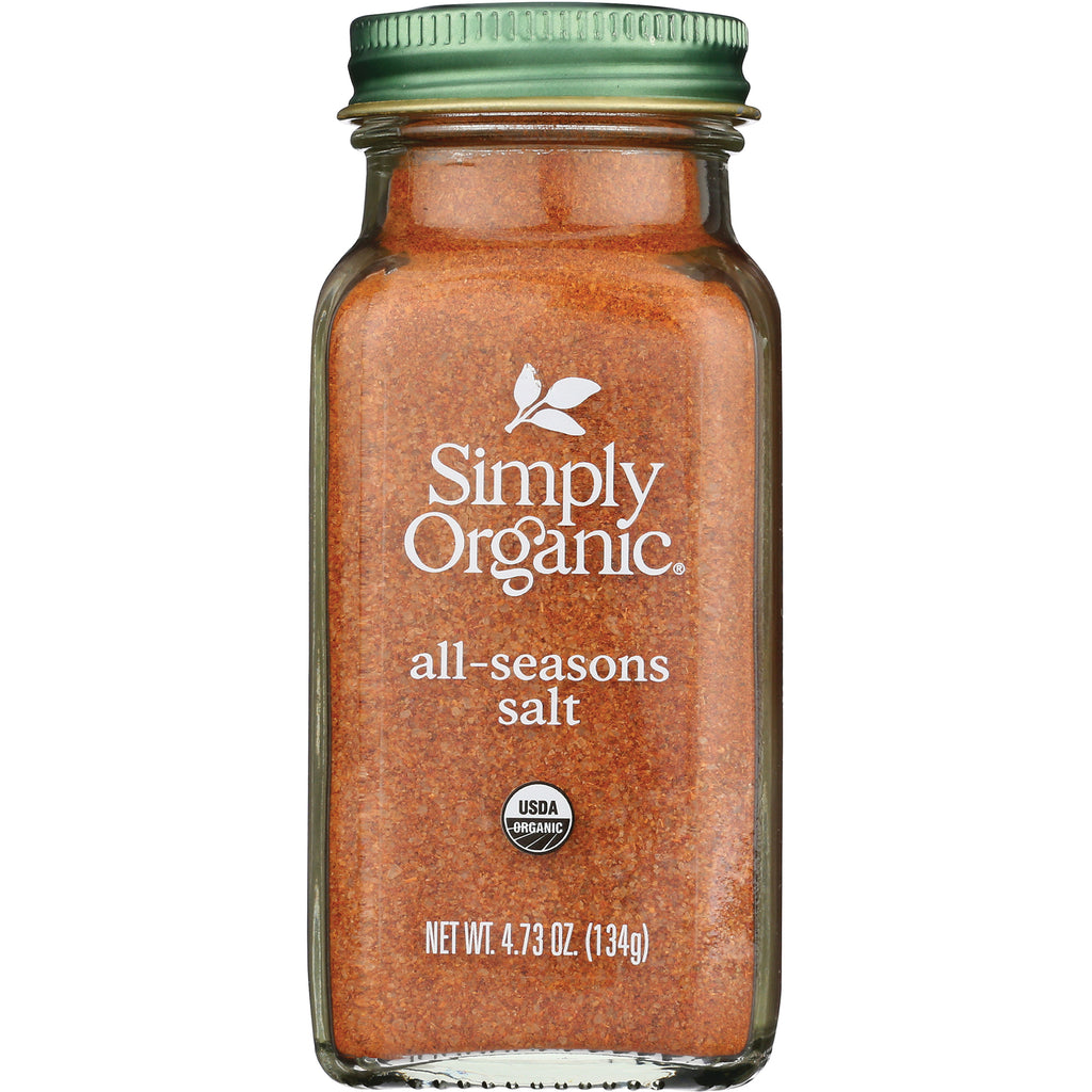 SMP059 | Simply Organic all-seasons salt in clear glass spice jar with green cap, front label shows NET WT 4.73 OZ (134g) - Thumbnail