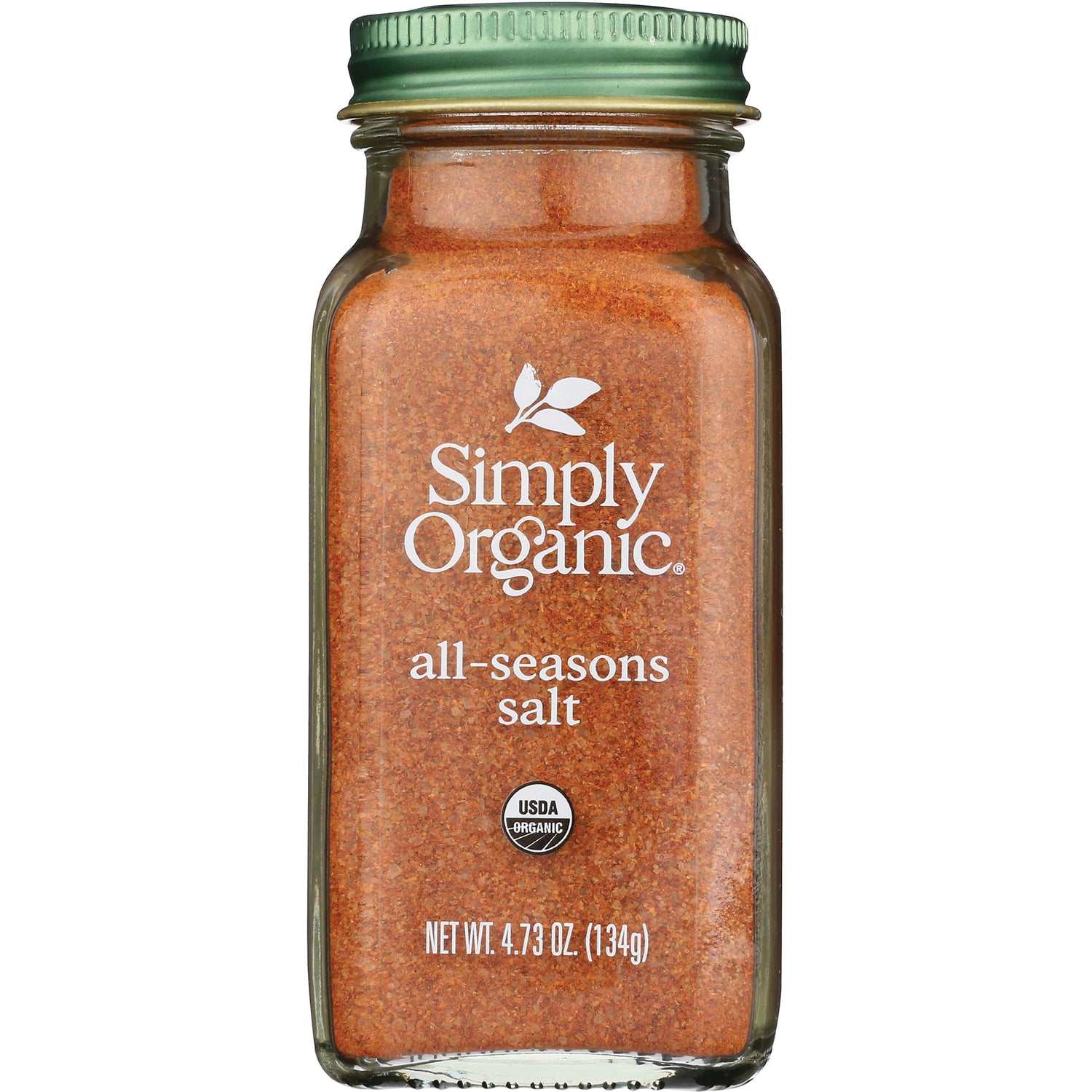 SMP059 | Simply Organic all-seasons salt in clear glass spice jar with green cap, front label shows NET WT 4.73 OZ (134g)