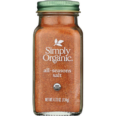 SMP059 | Simply Organic all-seasons salt in clear glass spice jar with green cap, front label shows NET WT 4.73 OZ (134g)