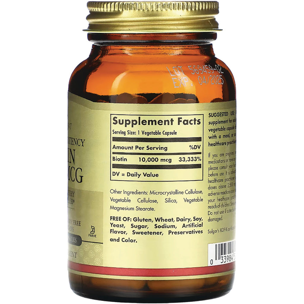 SLG342 | back of amber bottle showing Supplement Facts panel and ingredients including Biotin 10,000 mcg - Thumbnail