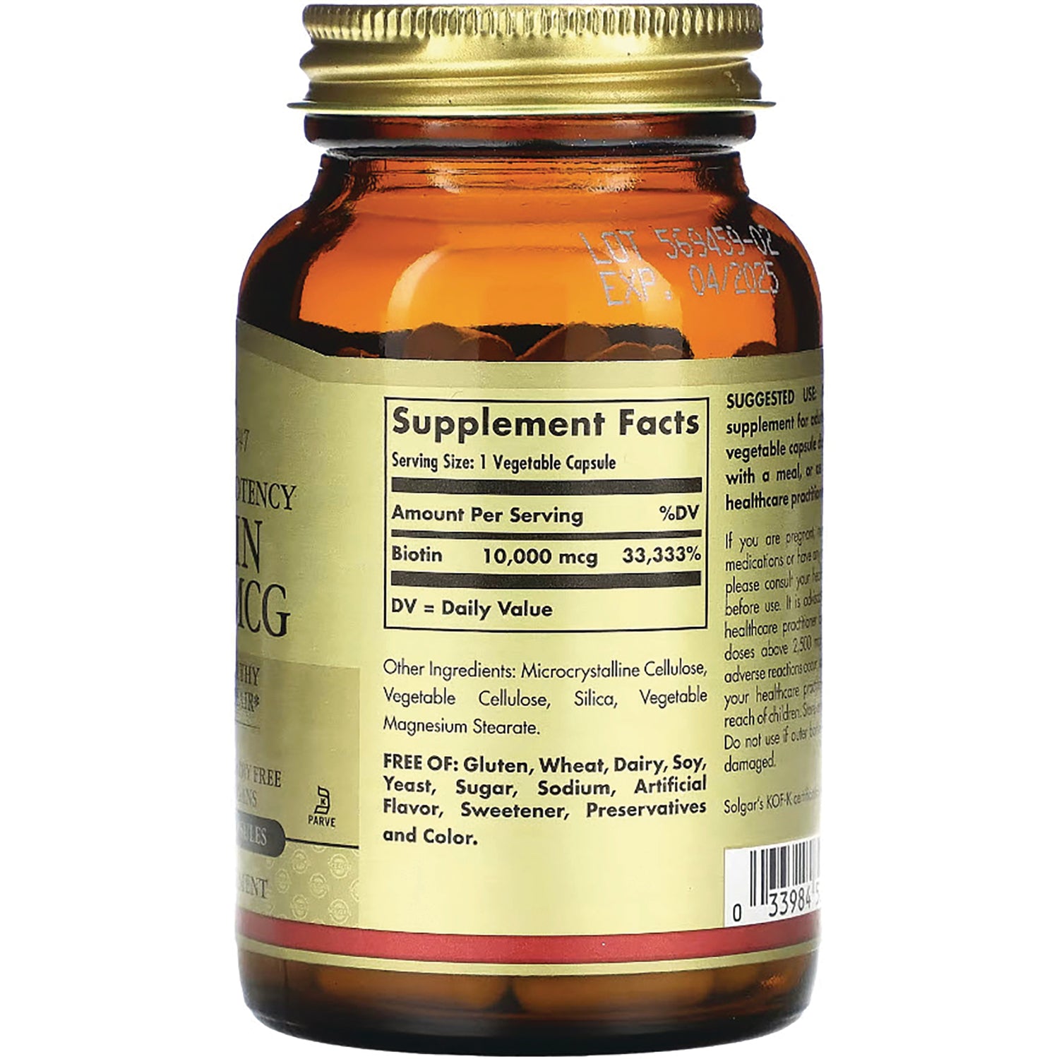 SLG342 | back of amber bottle showing Supplement Facts panel and ingredients including Biotin 10,000 mcg