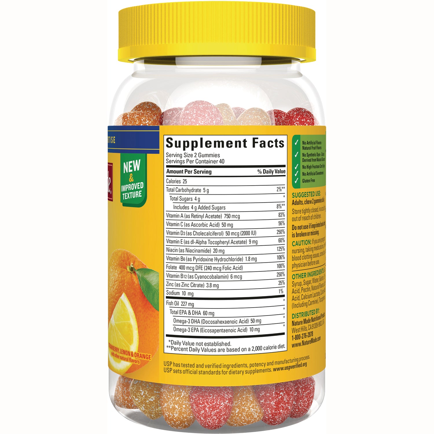 NTM167 | Back label showing Supplement Facts panel, ingredients, and suggested use on gummy vitamin bottle
