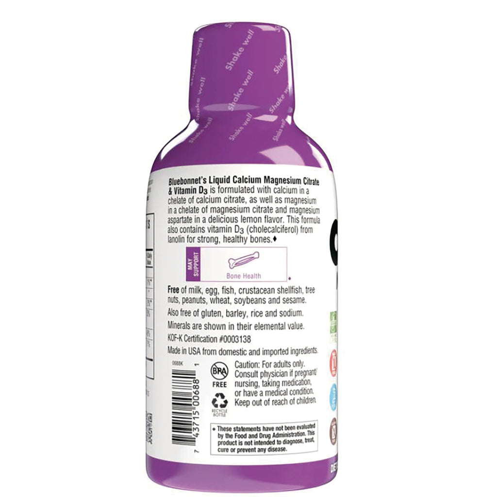 BLU090 | Back label on purple-capped liquid supplement bottle showing ingredients, warnings, barcode and certifications - Thumbnail