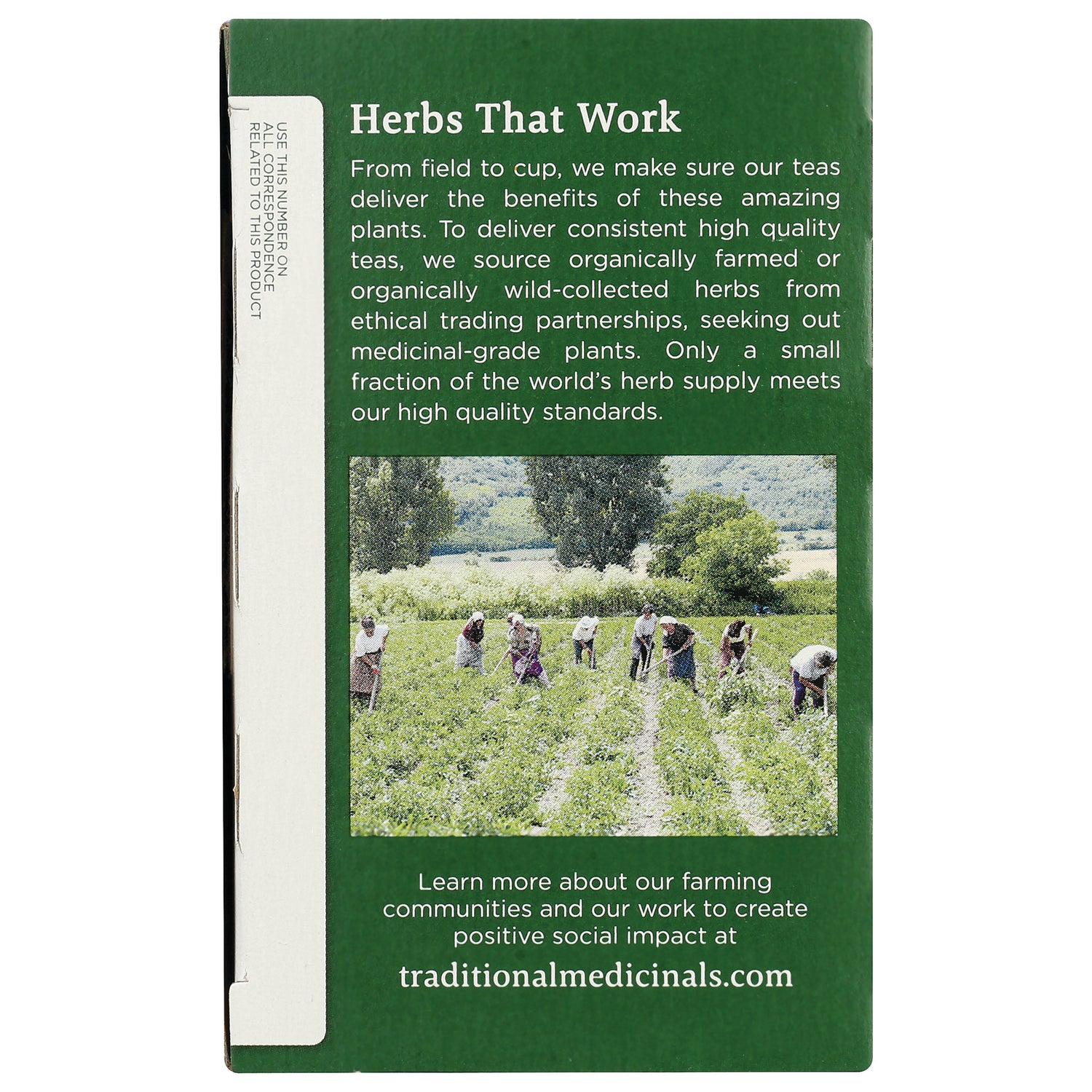 TMD023 | Herbs That Work panel with sourcing and quality standards text, farm photo, and traditionalmedicinals.com