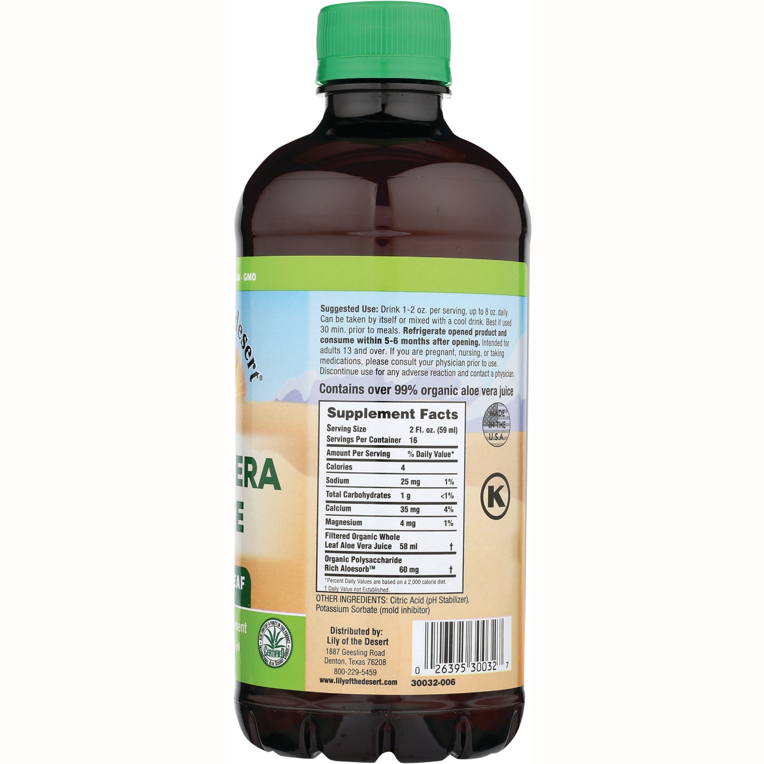 LIL033 | Back of brown bottle showing supplement facts panel, directions, barcode and green cap