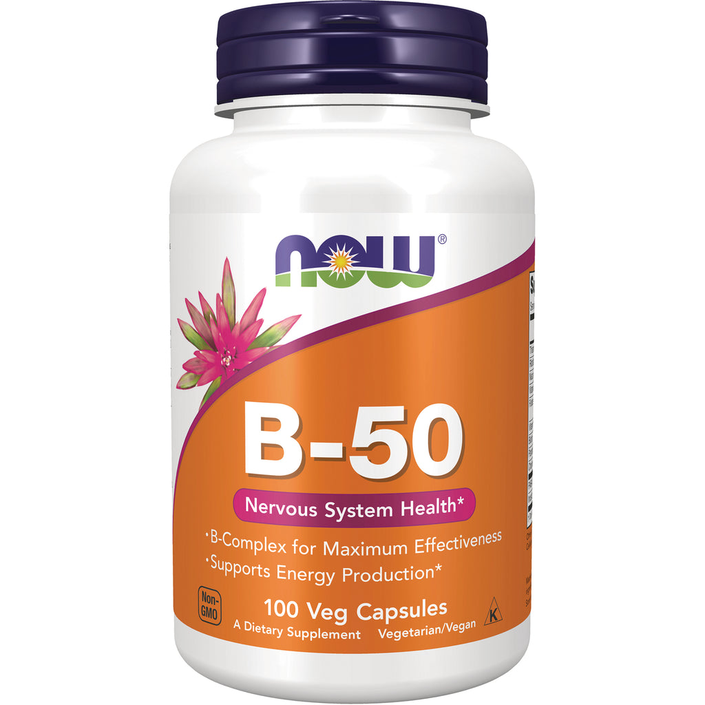 NWF026 | NOW B-50 dietary supplement bottle with orange label reading Nervous System Health, 100 veg capsules - Thumbnail