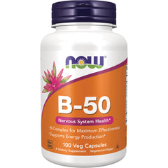 NWF026 | NOW B-50 dietary supplement bottle with orange label reading Nervous System Health, 100 veg capsules