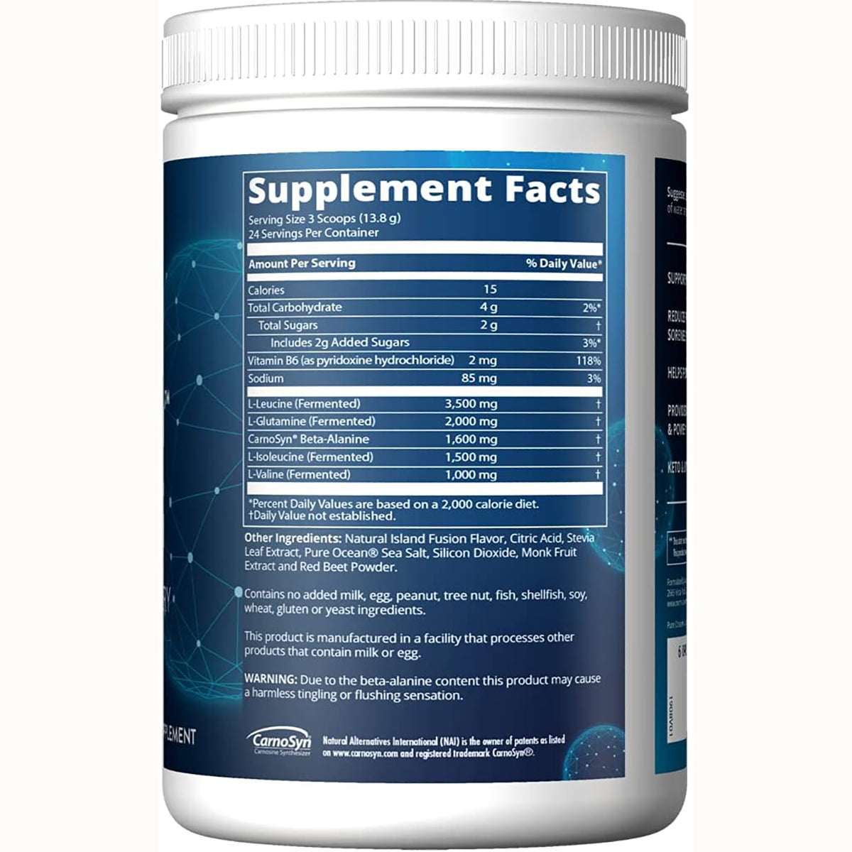 MRM019 | supplement tub back label showing Supplement Facts panel, ingredient list, and warning text