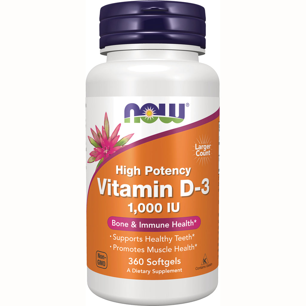 NWF514 | NOW High Potency Vitamin D-3 1,000 IU bottle, 360 softgels, orange label for bone & immune health - Thumbnail