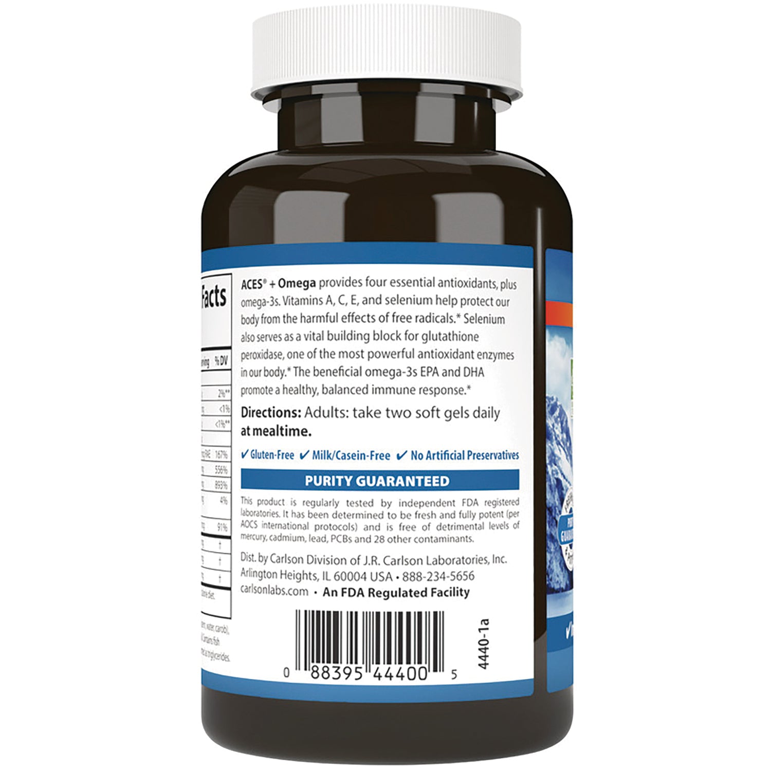 CSN320 | back label of brown supplement bottle showing directions, purity guaranteed statement and barcode