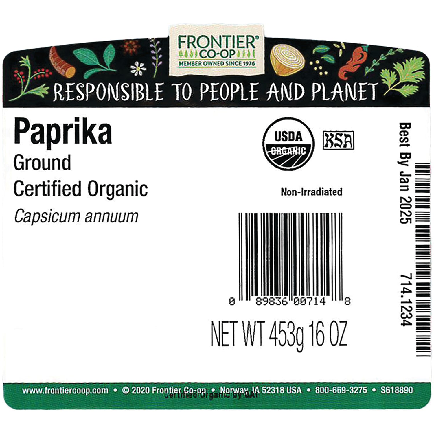 FNP070 | Back label for Frontier Co-op Paprika Ground certified organic with USDA badge, barcode, NET WT 453g 16 OZ, Best By Jan 2025