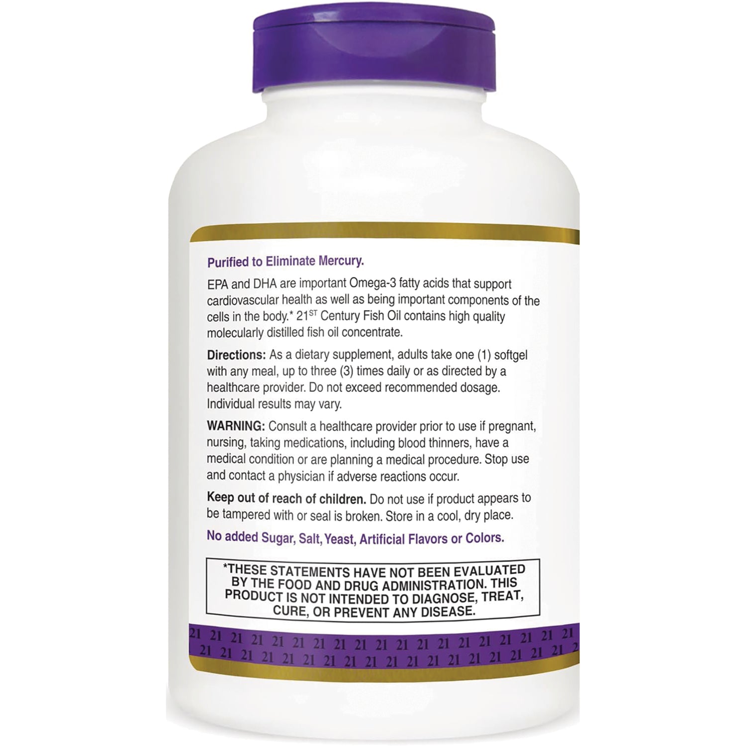 CNT205 | Back label of supplement bottle showing directions, warning, and text Purified to Eliminate Mercury and No added Sugar or Artificial Flavors