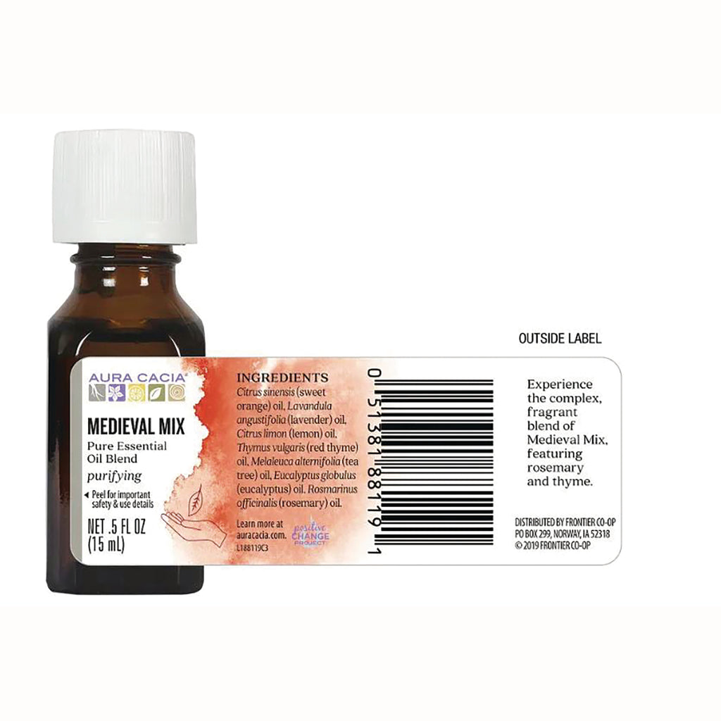 ARC067 | Back label of amber essential oil bottle showing ingredients list, barcode, and Medieval Mix branding - Thumbnail