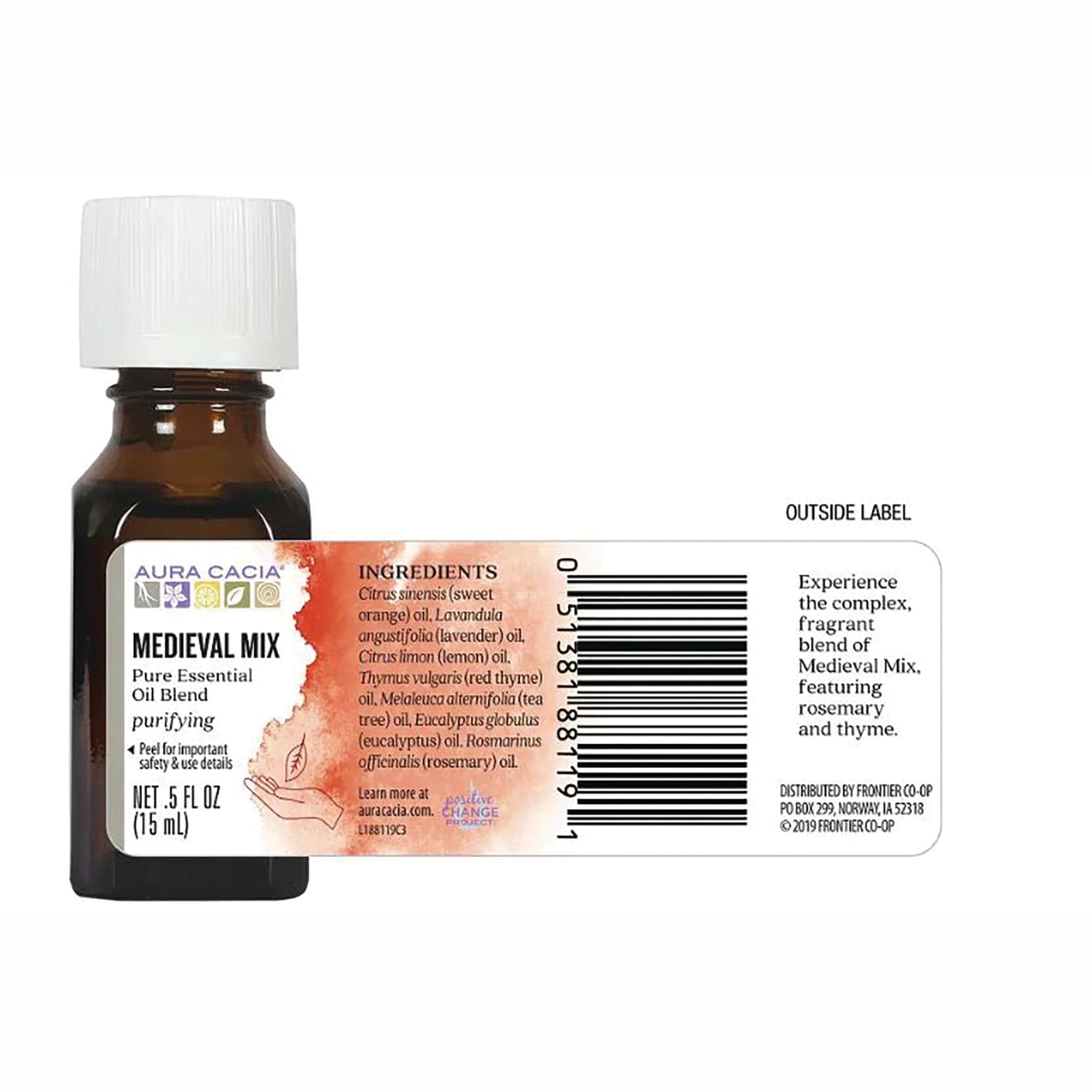 ARC067 | Back label of amber essential oil bottle showing ingredients list, barcode, and Medieval Mix branding