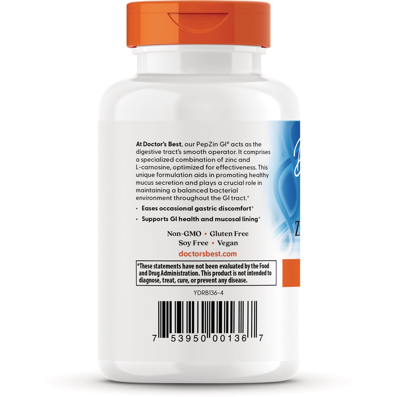 DB114 | Back label of white supplement bottle showing product description, Non-GMO and gluten free text plus barcode