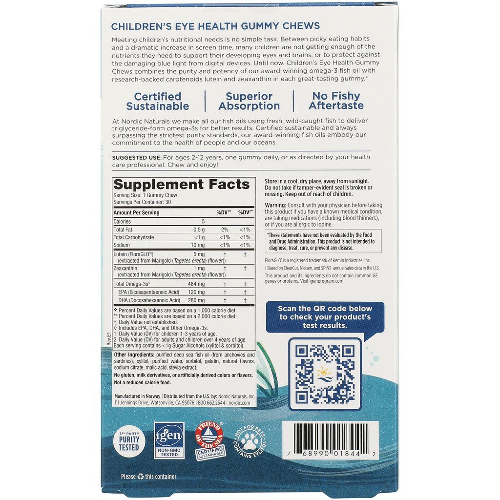NRN122 | back of children's eye health gummy chews box with Supplement Facts panel, QR code and barcode - Thumbnail