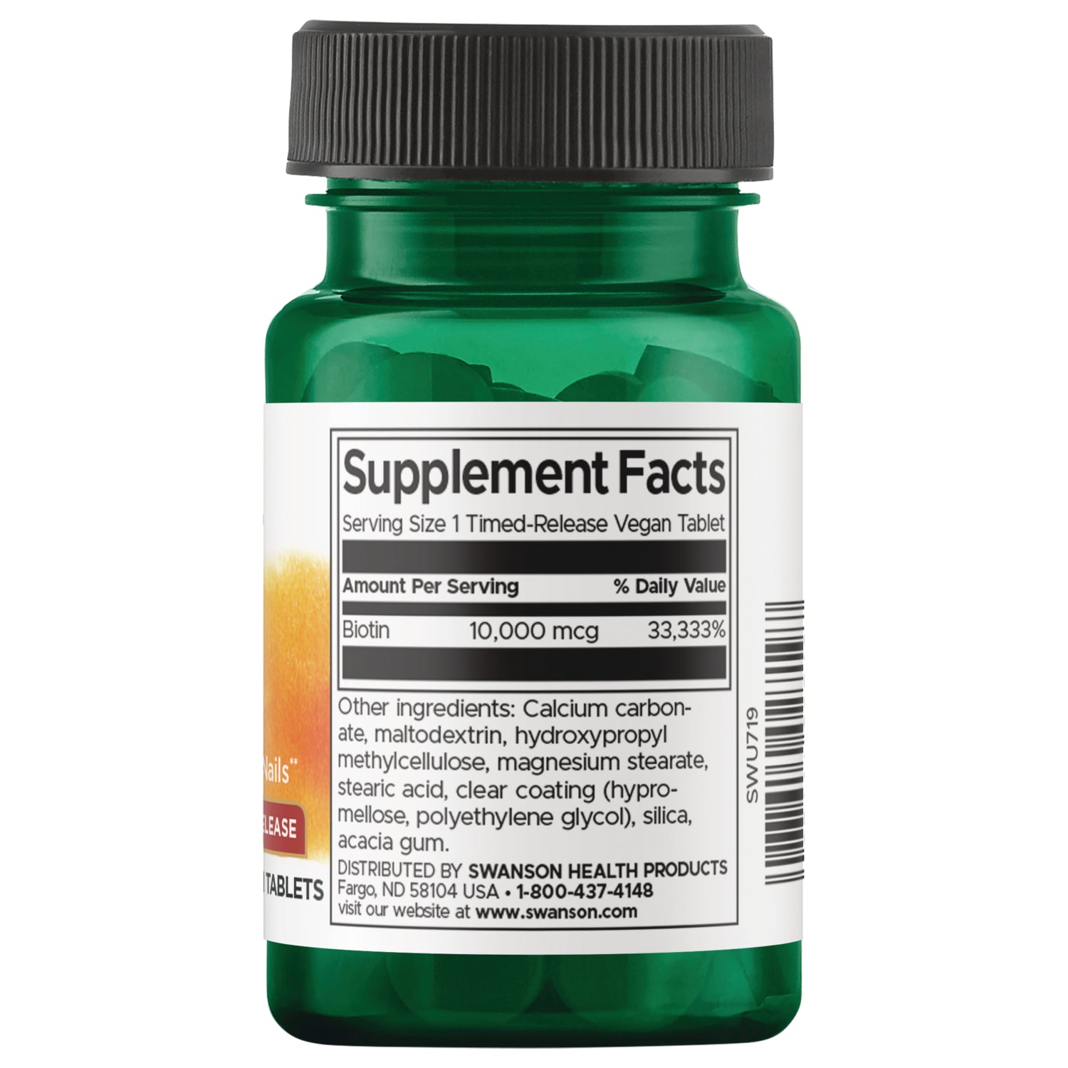 SWU719 | Back label with Supplement Facts: Biotin 10,000 mcg; serving size 1 timed-release vegan tablet