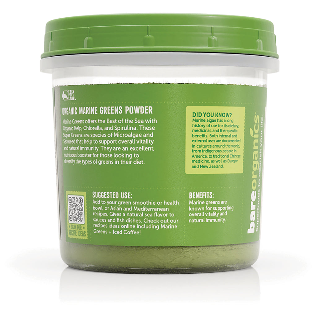 BOR012 | back label of Organic Marine Greens Powder jar showing suggested use, benefits, and DID YOU KNOW panel - Thumbnail