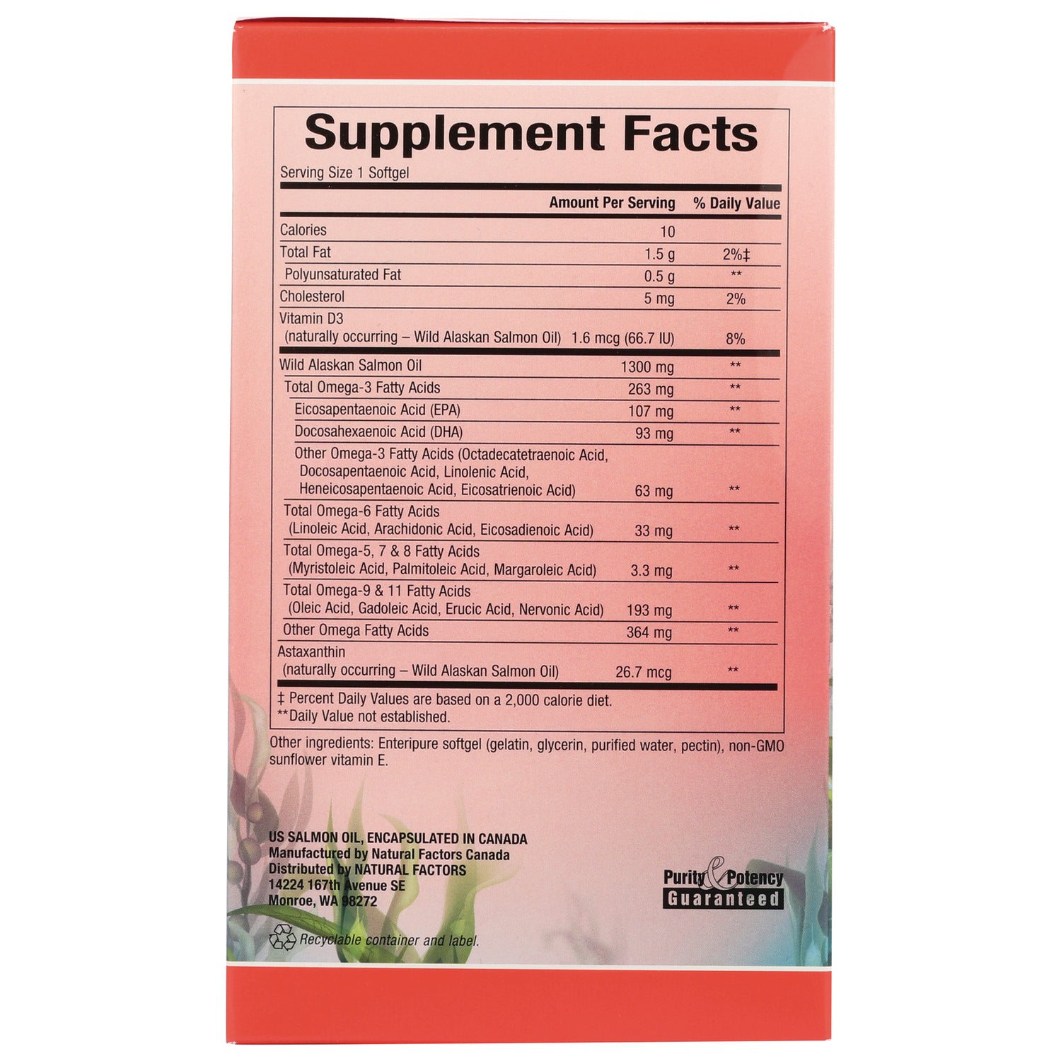 NFC162 | Supplement facts panel on back of pink box listing Wild Alaskan Salmon Oil and omega-3 amounts