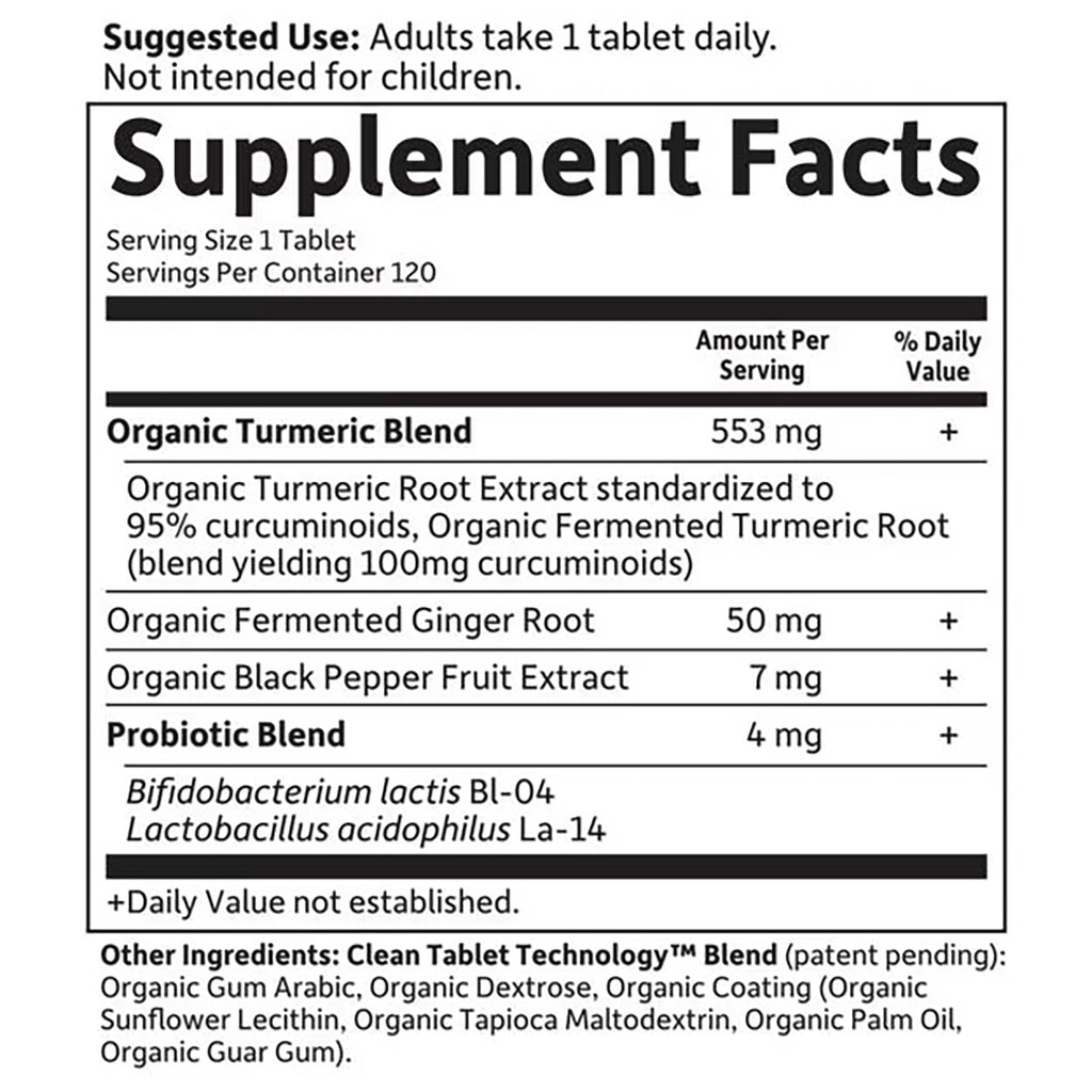 GLF392 | supplement facts label showing serving size 1 tablet, Organic Turmeric Blend 553 mg, Probiotic Blend and other ingredients - Thumbnail