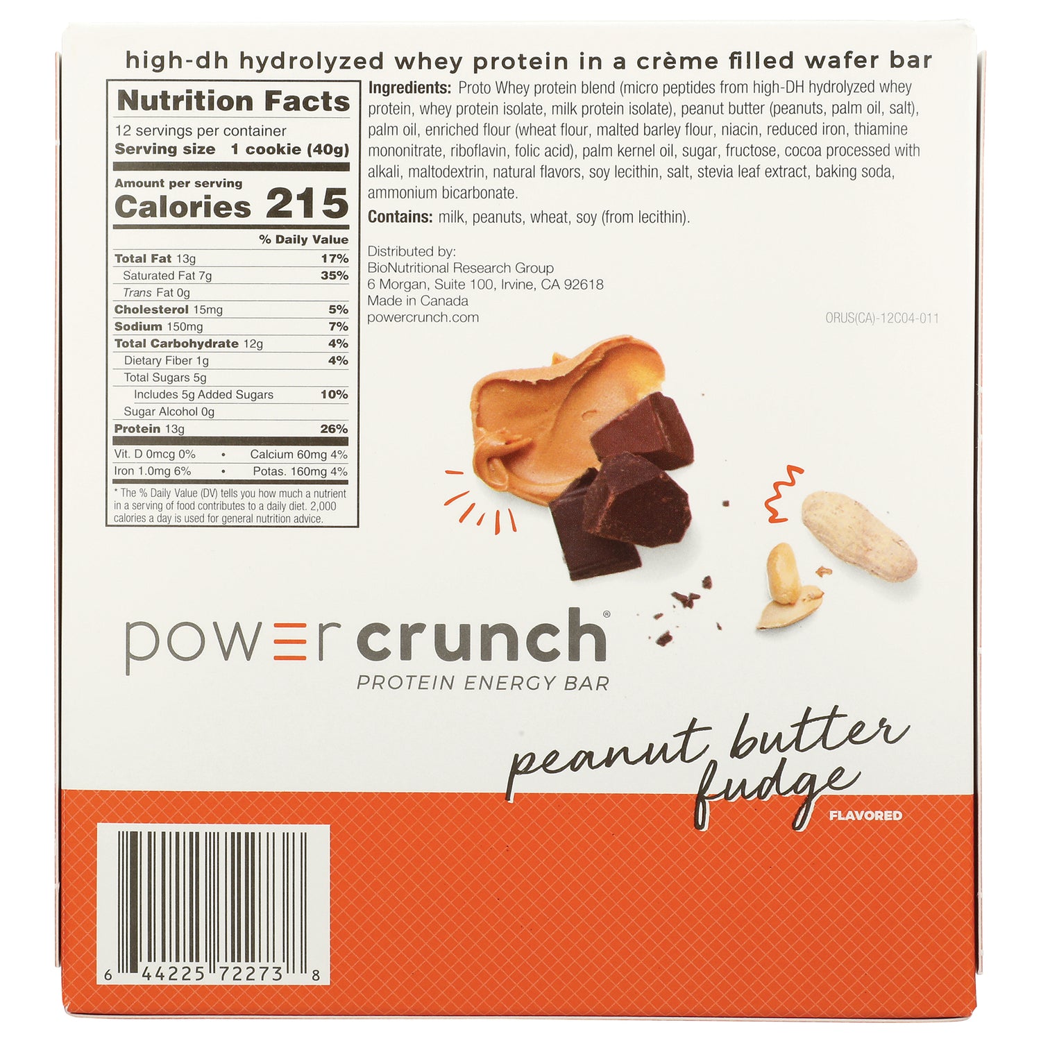 BNR004 | Back of Power Crunch peanut butter fudge box showing Nutrition Facts, ingredients, and barcode