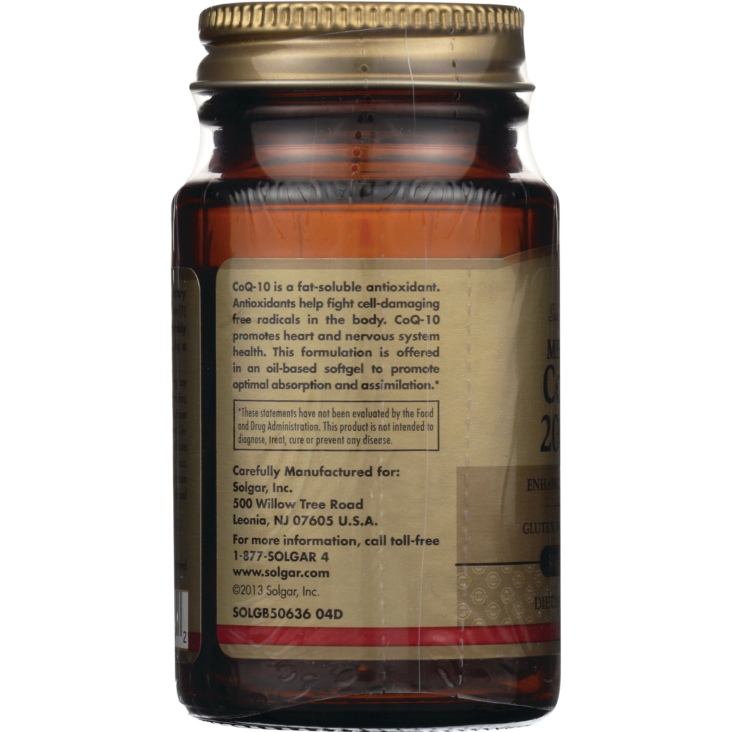 SLG270 | back label of amber supplement bottle showing CoQ-10 description, manufacturer address and contact info