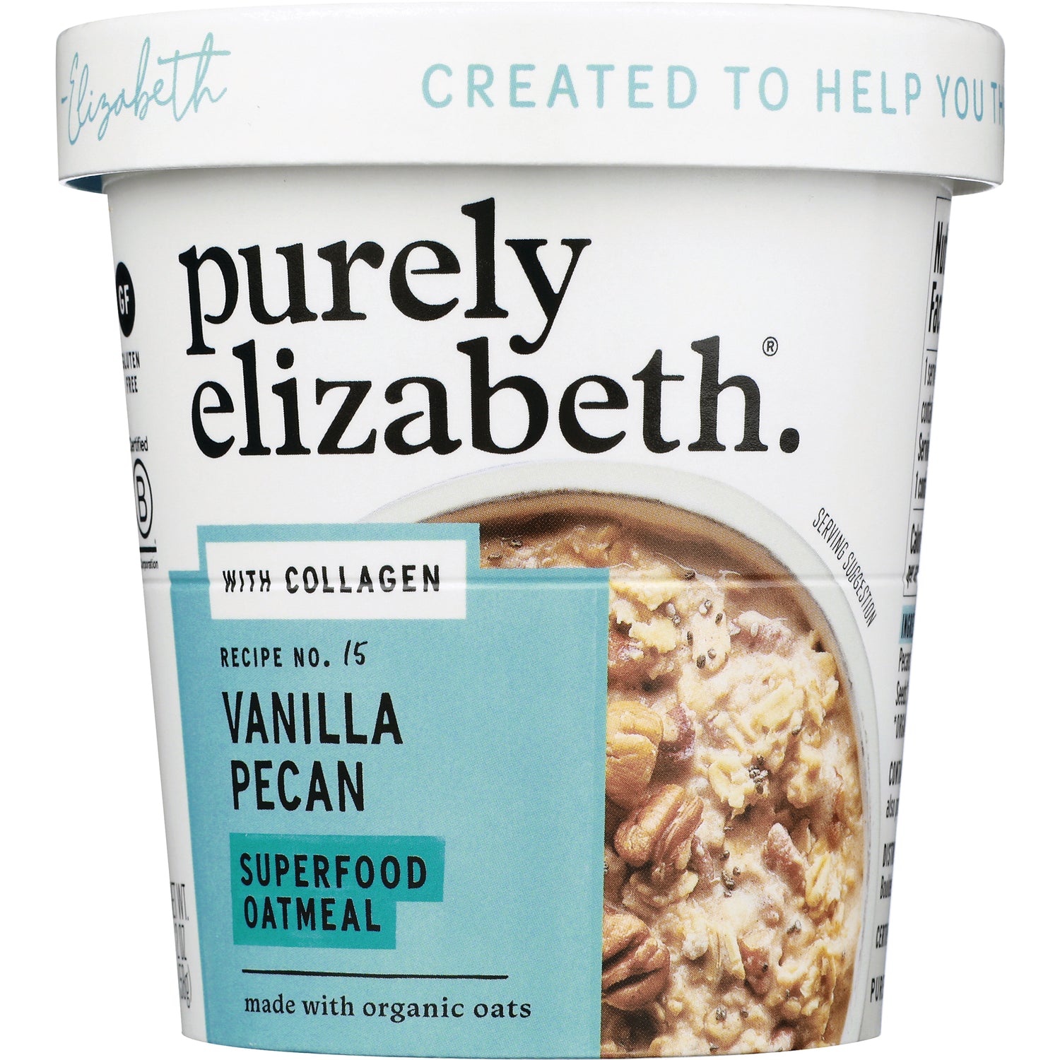 PLZ012 | Purely Elizabeth vanilla pecan superfood oatmeal tub showing oats and label with collagen