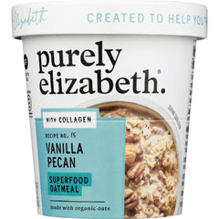 PLZ012 | Purely Elizabeth vanilla pecan superfood oatmeal tub showing oats and label with collagen
