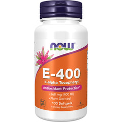 NWF746 | NOW E-400 d-alpha Tocopheryl bottle with orange label, 100 softgels, 268 mg (400 IU)