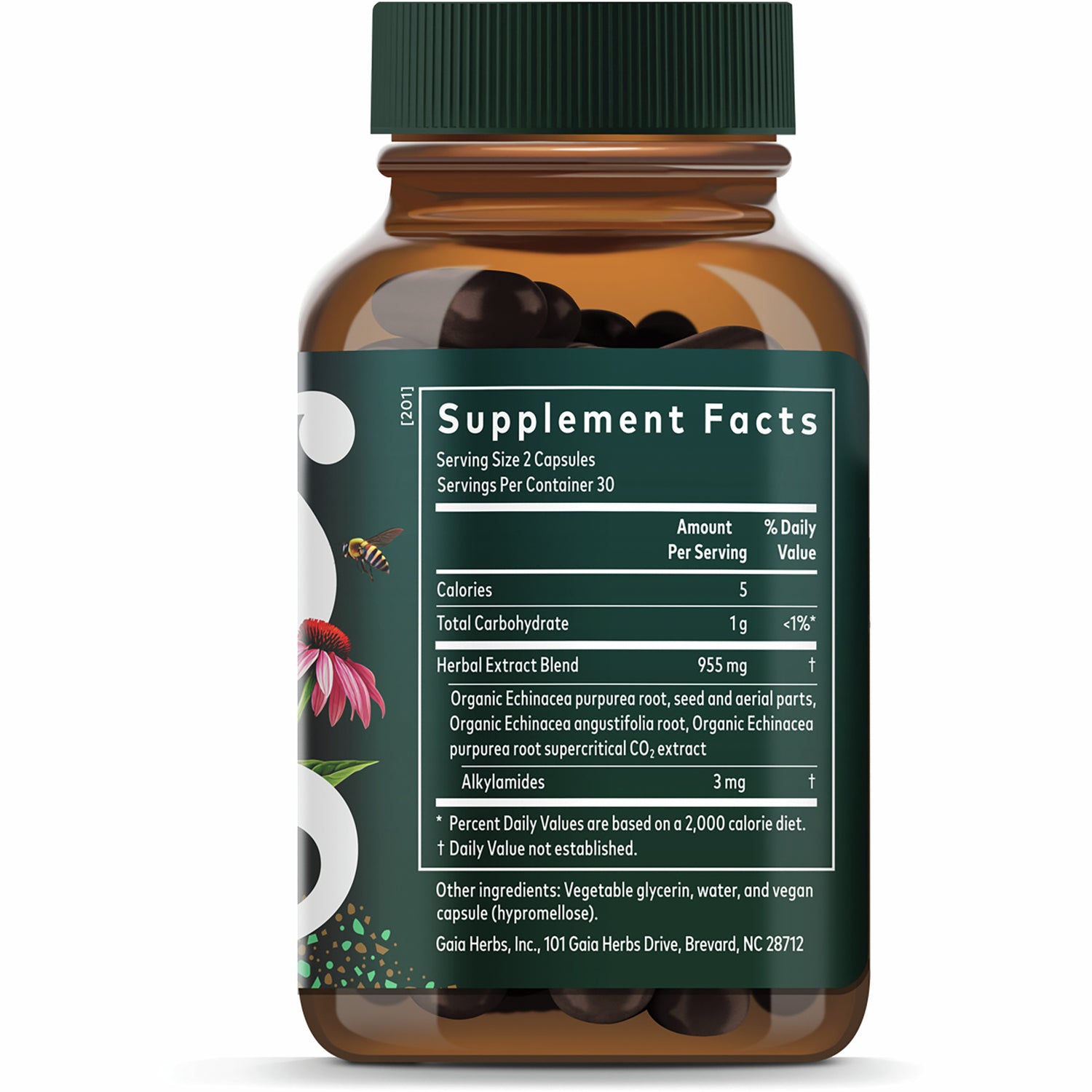 GH007 | Back label showing Supplement Facts panel for 2-capsule serving, herbal extract blend amounts, and other ingredients