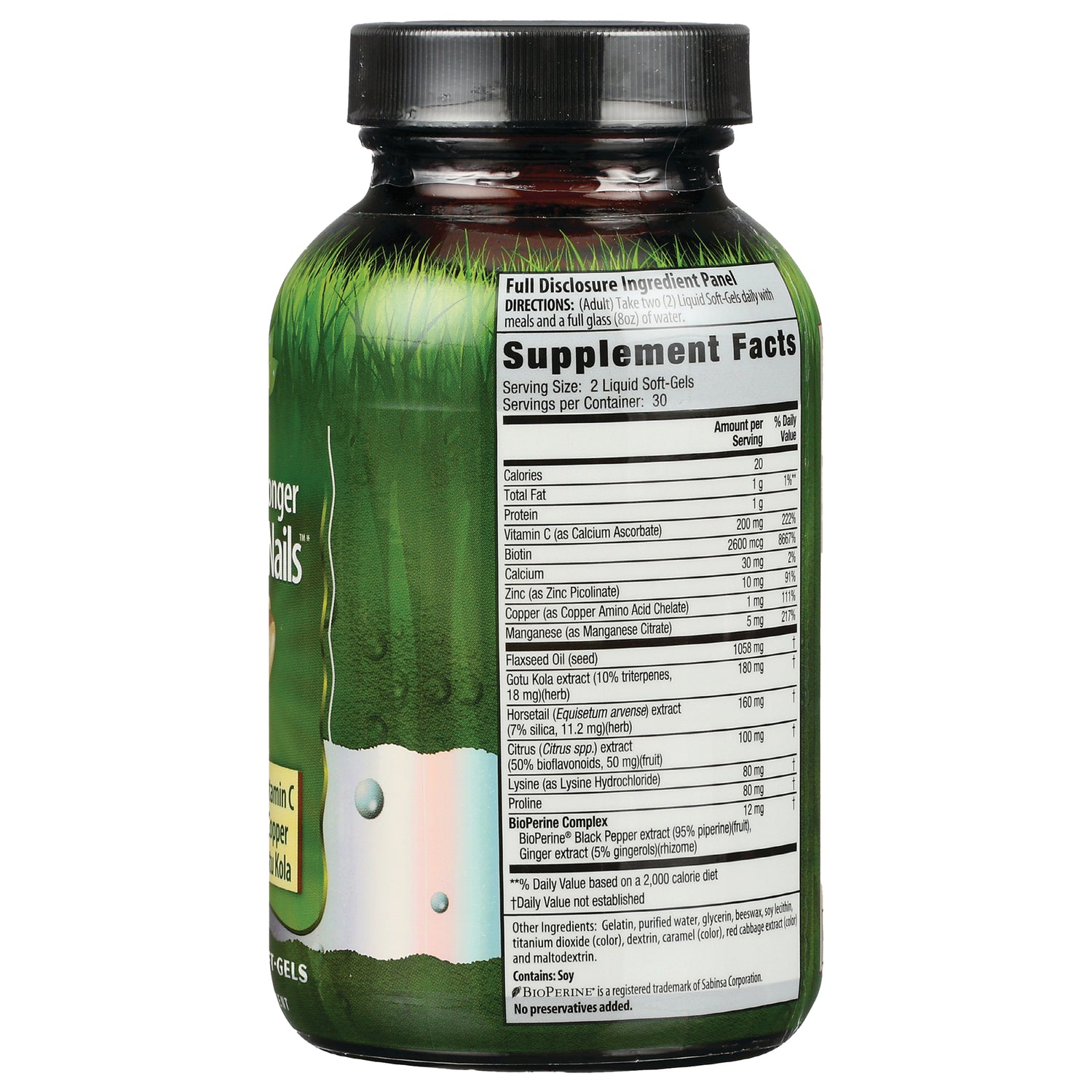 IR100 | Back of green supplement bottle showing Supplement Facts panel and ingredient list