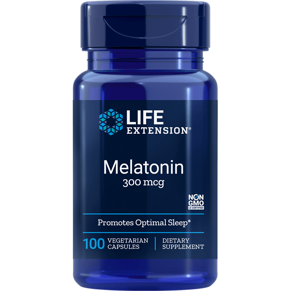 LE337 | Life Extension Melatonin 300 mcg bottle labeled 100 vegetarian capsules on dark blue label