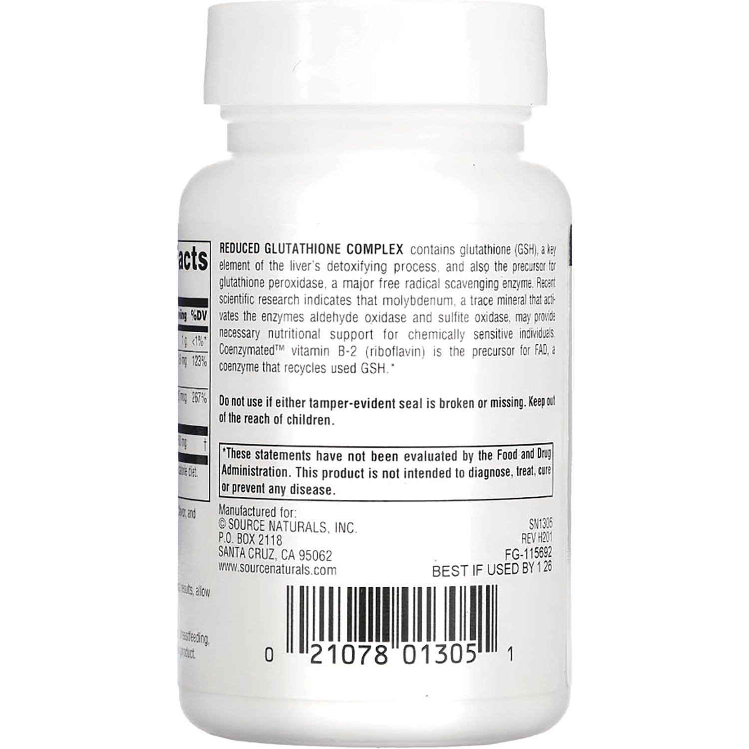 SN729 | Supplement bottle back label with Reduced Glutathione Complex text, warnings, and barcode