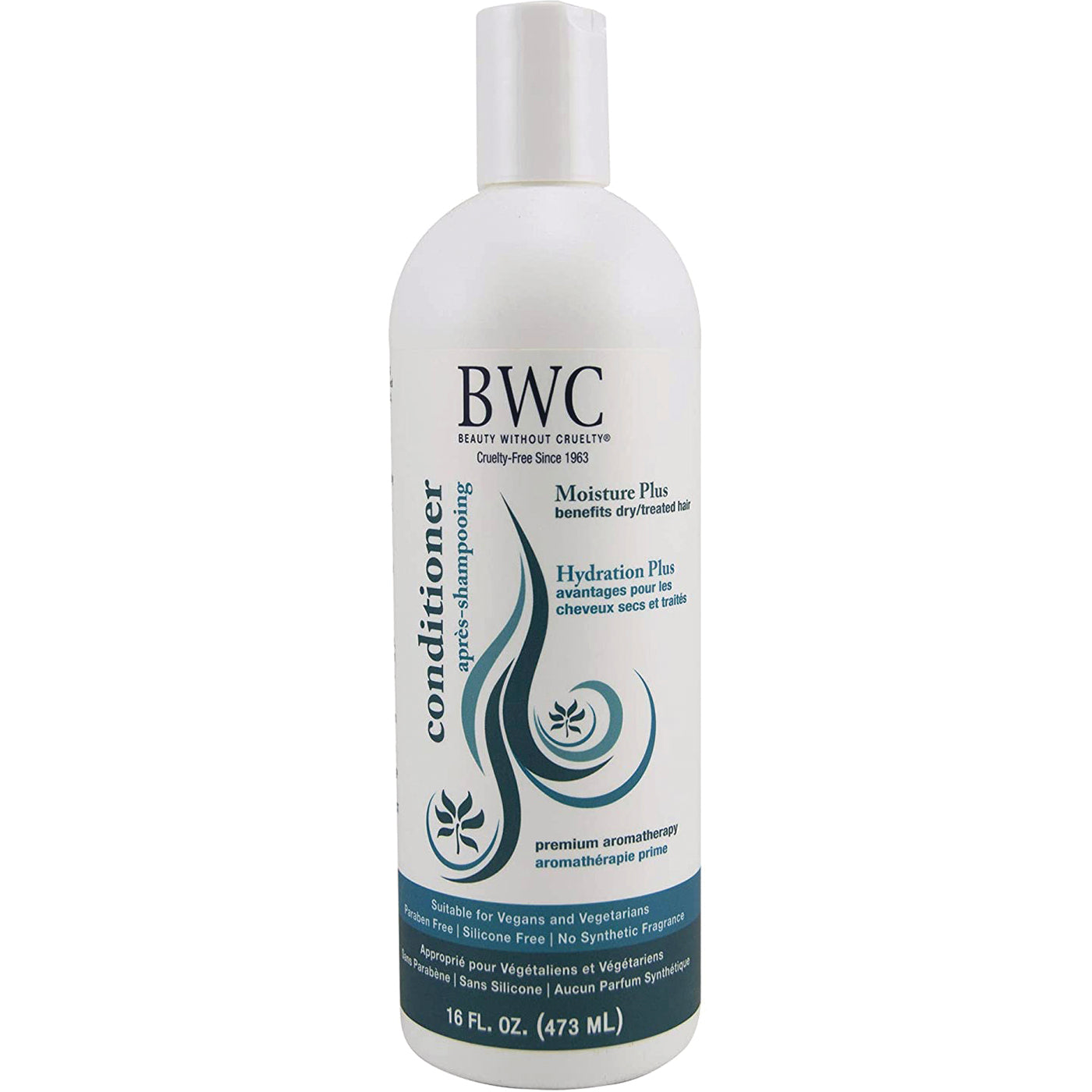 BWC092 | Moisture Plus BWC conditioner bottle, white 16 FL. OZ. (473 mL) with teal swirl design and branding