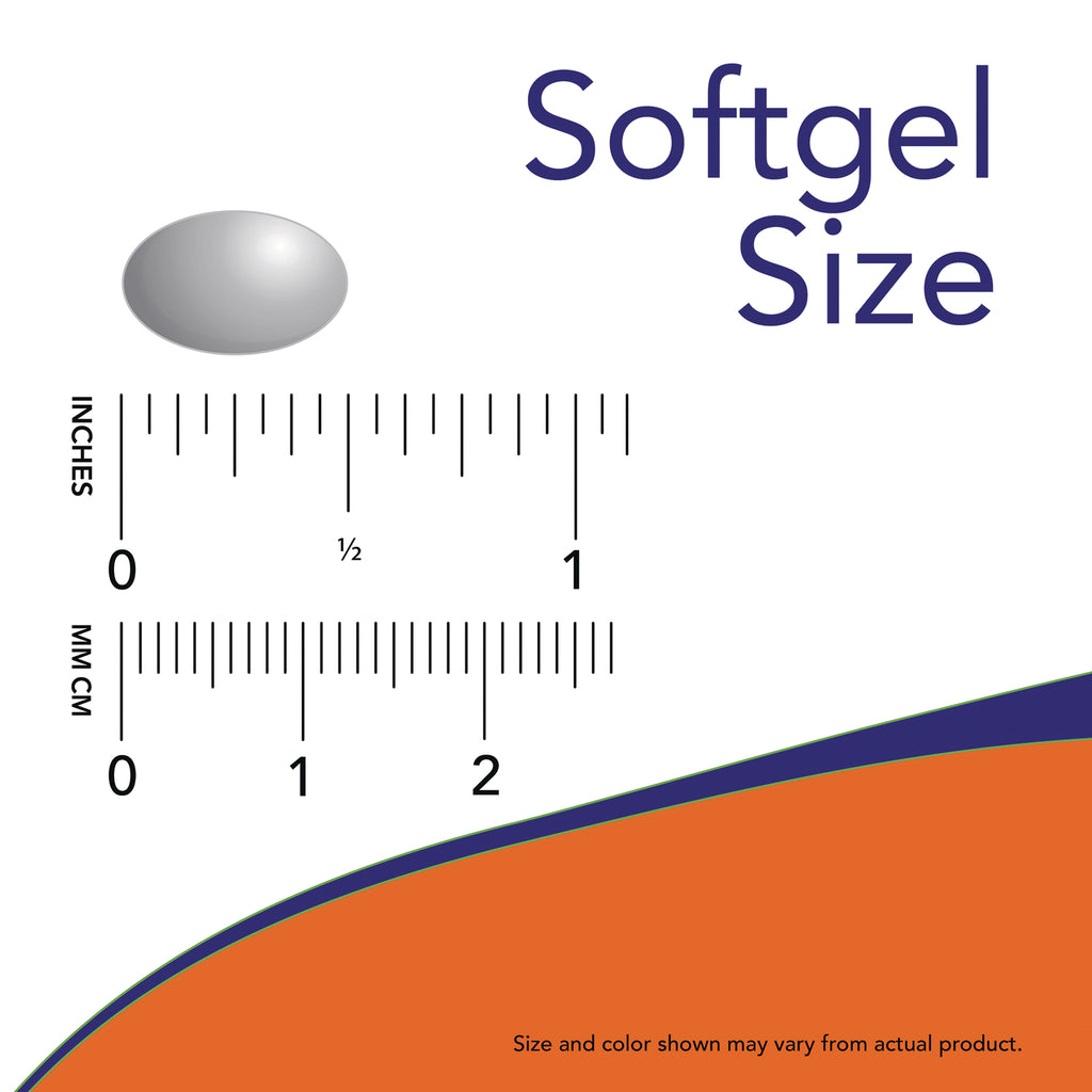 NWF1047 | Softgel size diagram showing an oval softgel and inch and millimeter rulers labeled Softgel Size - Thumbnail