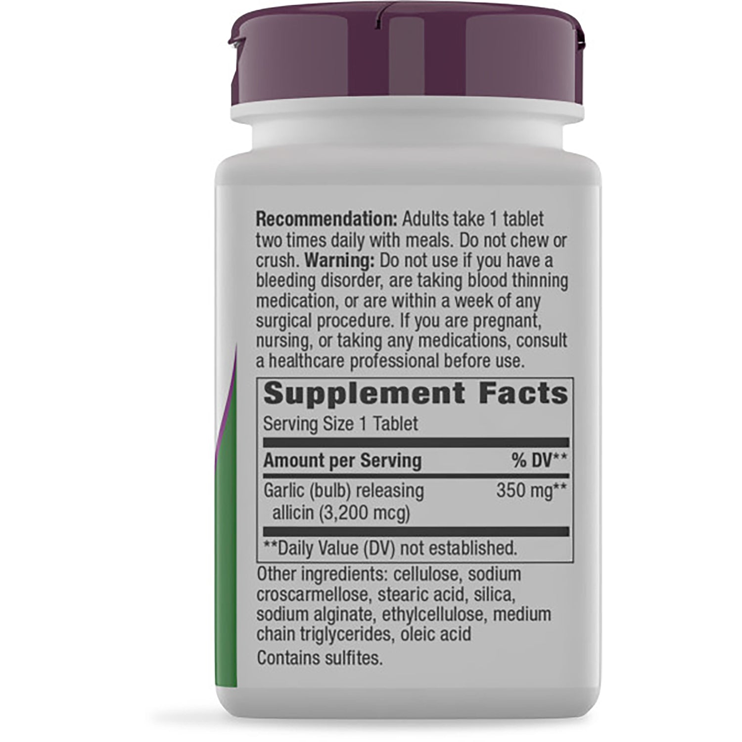 NW731 | Supplement Facts panel, ingredients and warnings on back label of garlic supplement bottle