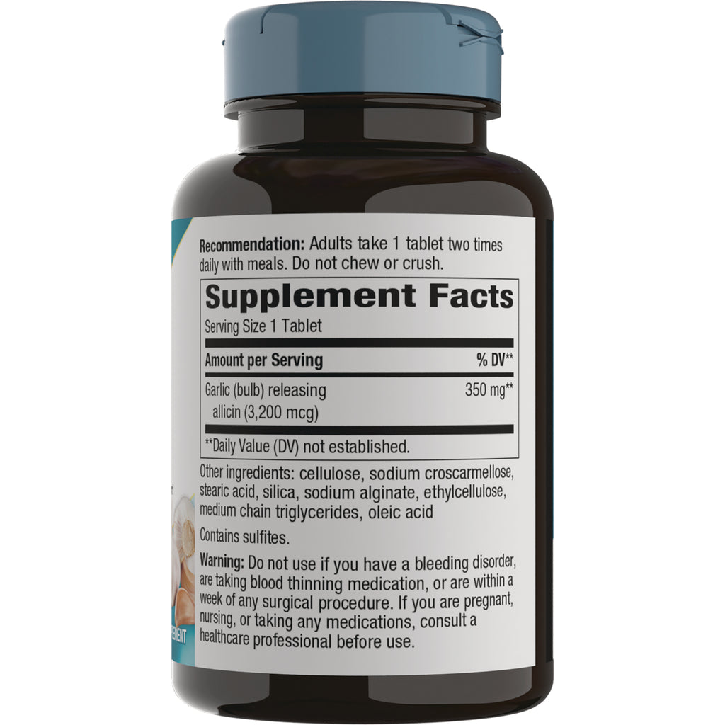 NW731 | Supplement Facts panel, ingredients and warnings on back label of garlic supplement bottle - Thumbnail