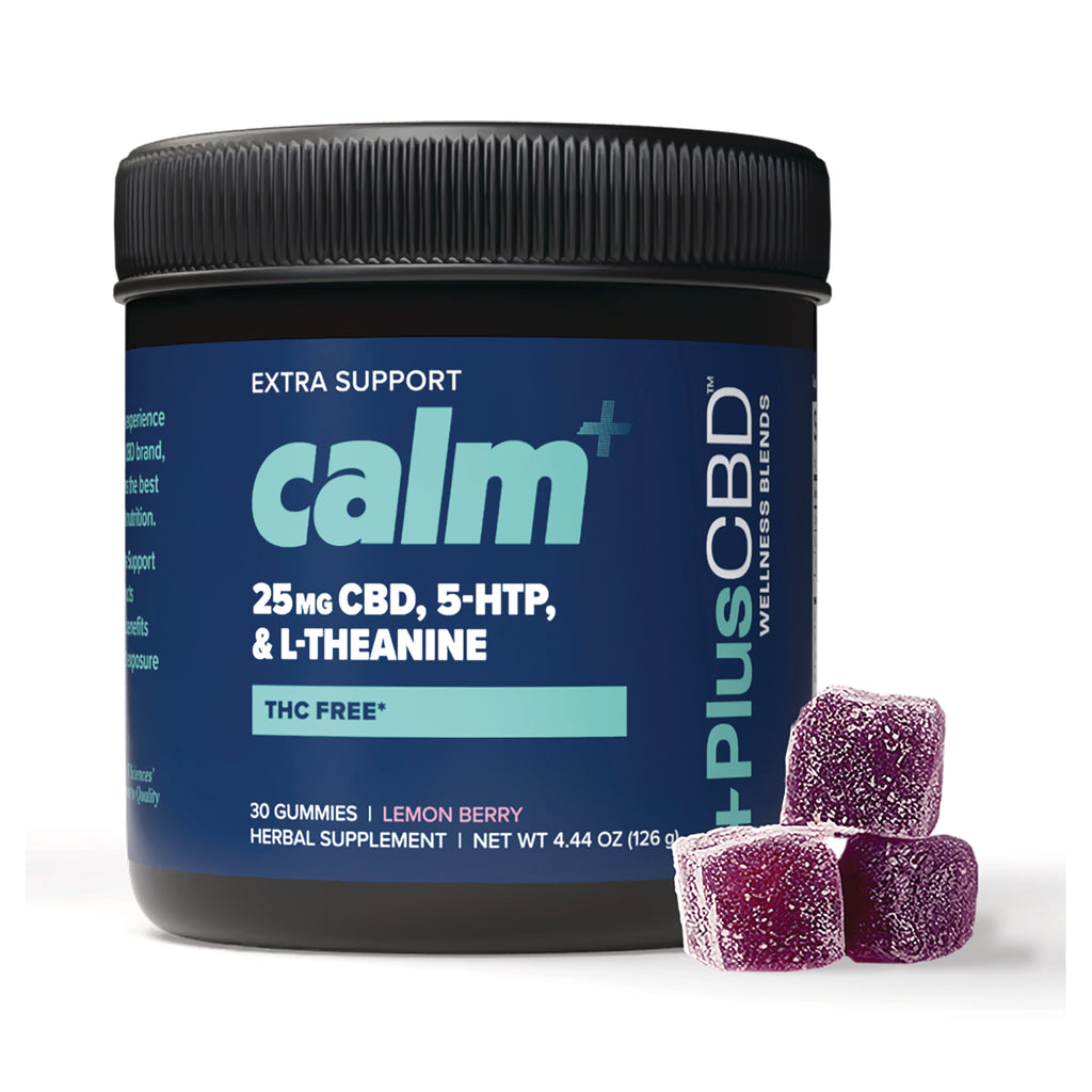 CV056 | Calm+ lemon berry gummies jar labeled 25 mg CBD THC FREE with three sugar-coated purple gummies - Thumbnail