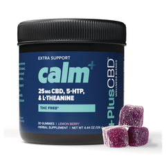 CV056 | Calm+ lemon berry gummies jar labeled 25 mg CBD THC FREE with three sugar-coated purple gummies