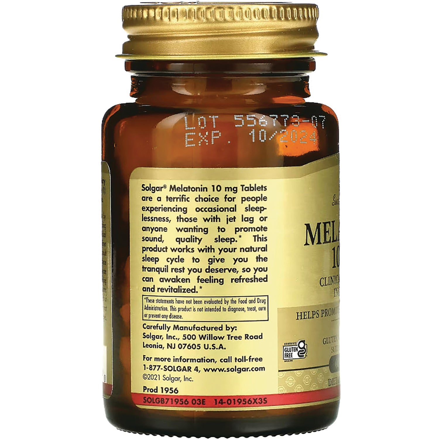 Brown glass bottle back label showing Melatonin 10 mg tablets description with lot and EXP 10/2024 codes visible