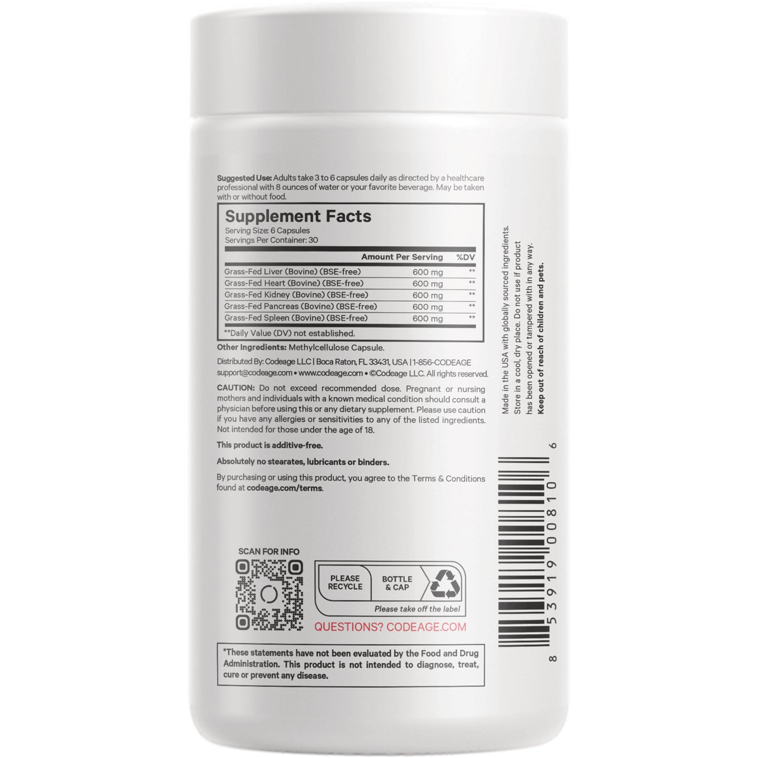 CDG024 | back label showing Supplement Facts panel, usage text, barcode, QR code, and recycling icons