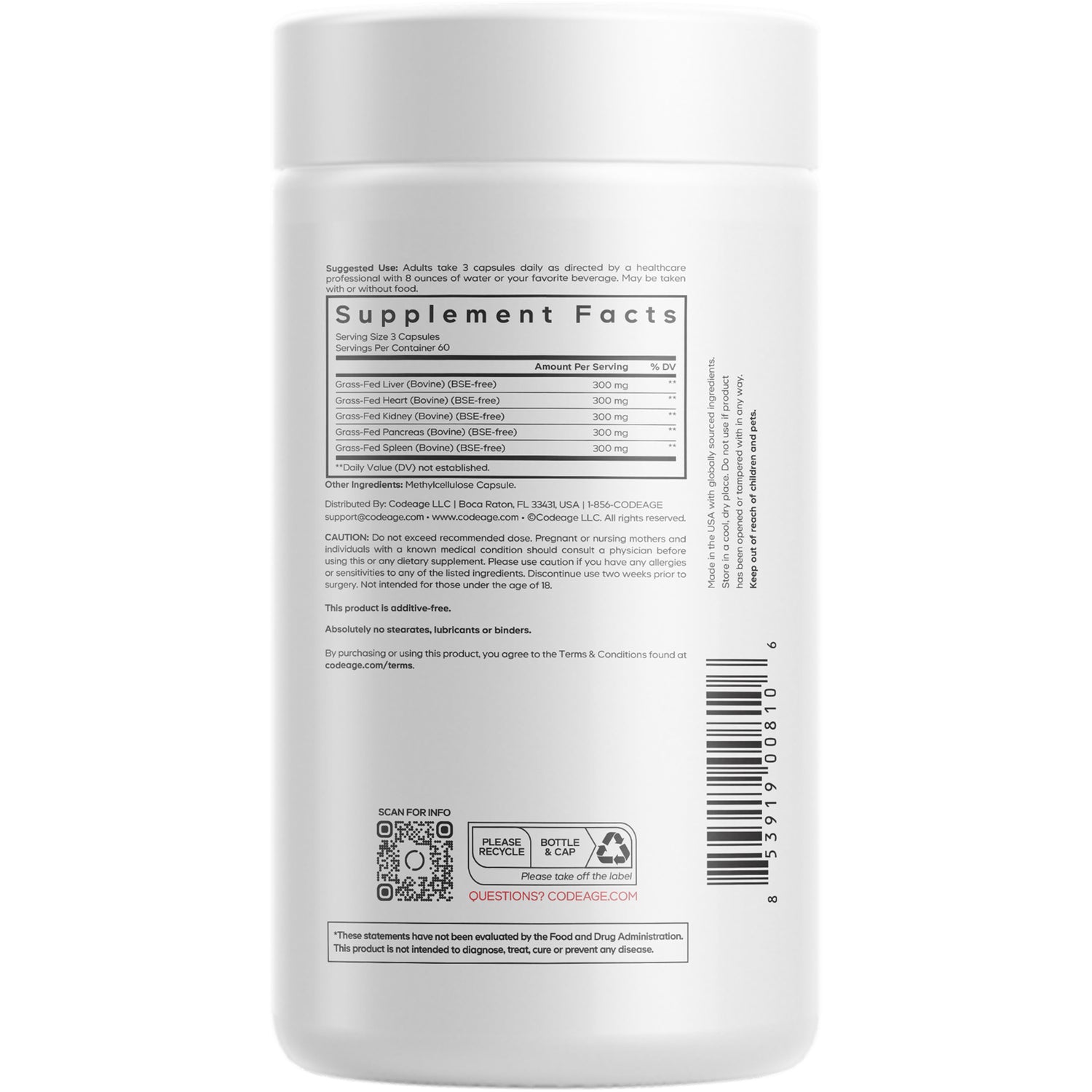 CDG024 | back label showing Supplement Facts panel, usage text, barcode, QR code, and recycling icons