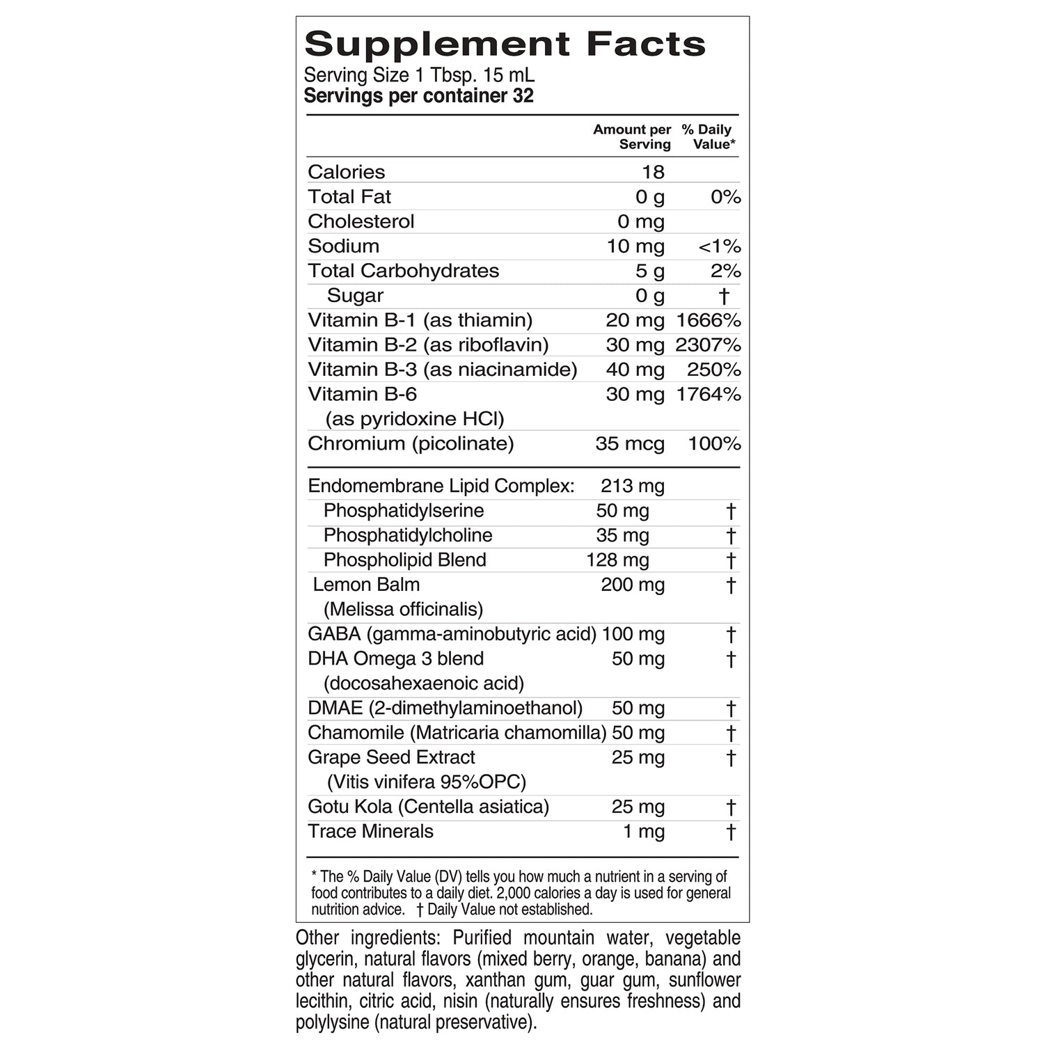 BTR002 | Supplement Facts panel showing serving size, vitamins, botanicals, amounts, and other ingredients