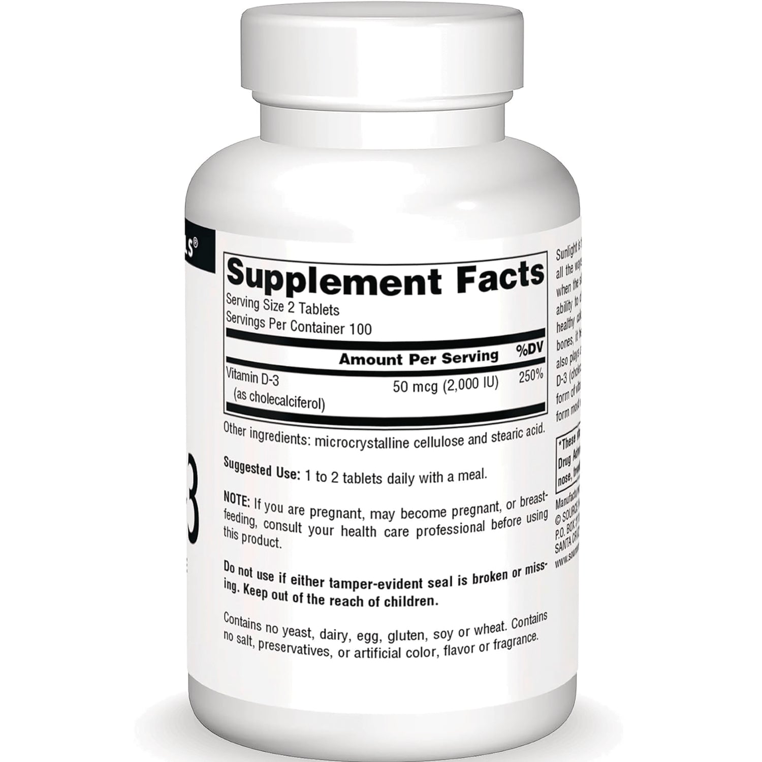 SN141 | Back label showing Supplement Facts with Vitamin D-3 50 mcg (2,000 IU) and suggested use