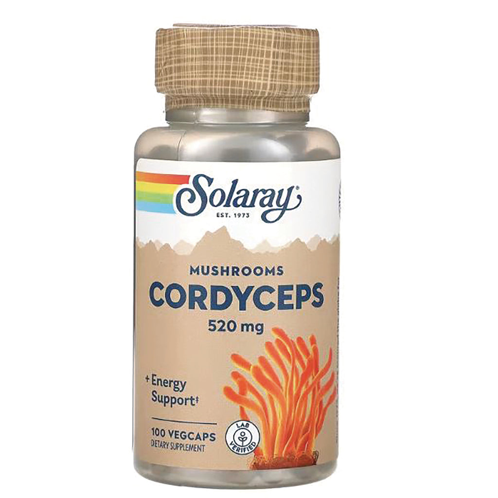 SLR344 | Solaray Cordyceps 520 mg supplement bottle with beige label and orange mushroom illustration - Thumbnail