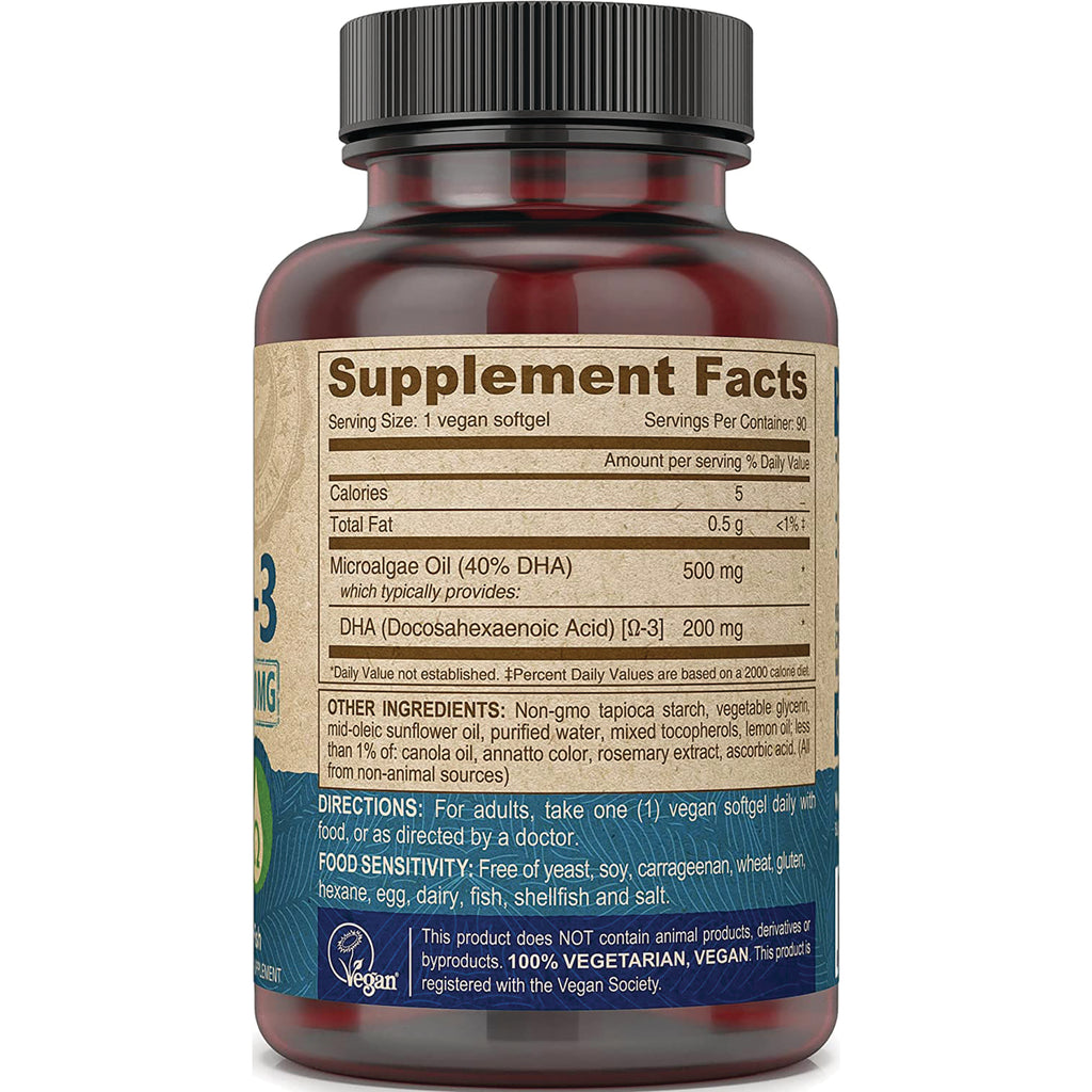 DEV004 | Back of supplement bottle showing Supplement Facts panel, ingredients, directions, and vegan claim - Thumbnail