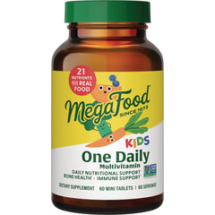 MGF016 | MegaFood One Daily Kids multivitamin bottle front view with yellow label and green cap