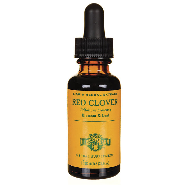 HPH060 | Brown glass dropper bottle with yellow label reading RED CLOVER herbal supplement 1 fl oz