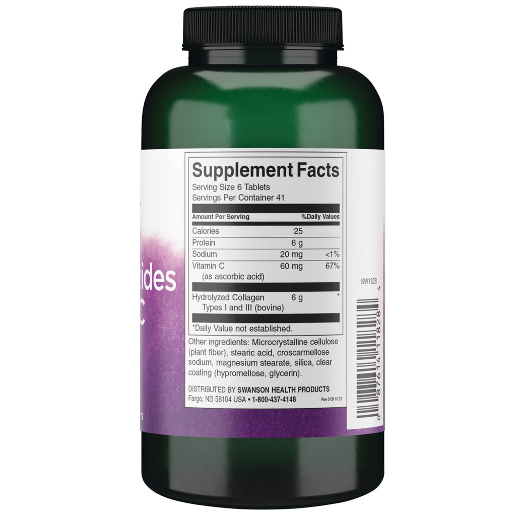SW1828 | Back label with Supplement Facts and ingredients for hydrolyzed collagen tablets; serving size 6 tablets - Thumbnail